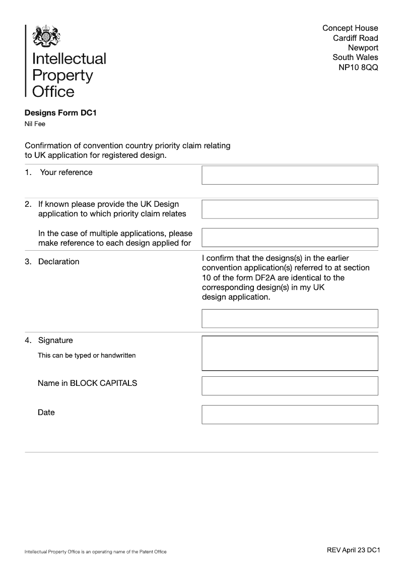 DC1 Confirmation of convention country priority claim relating to UK application for registered design preview