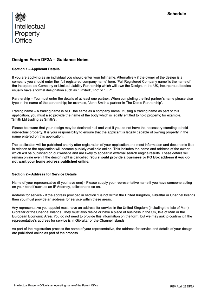 DF2A Notes on filling in the application form DF2A Application to register one or more designs preview