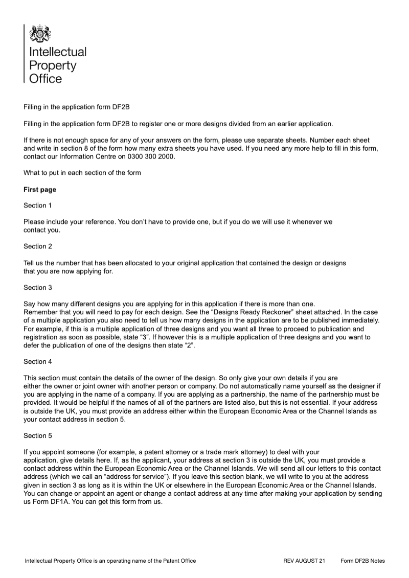 DF2B Notes Notes on filling in the application form DF2B Application to register one or more designs divided from an earlier application preview
