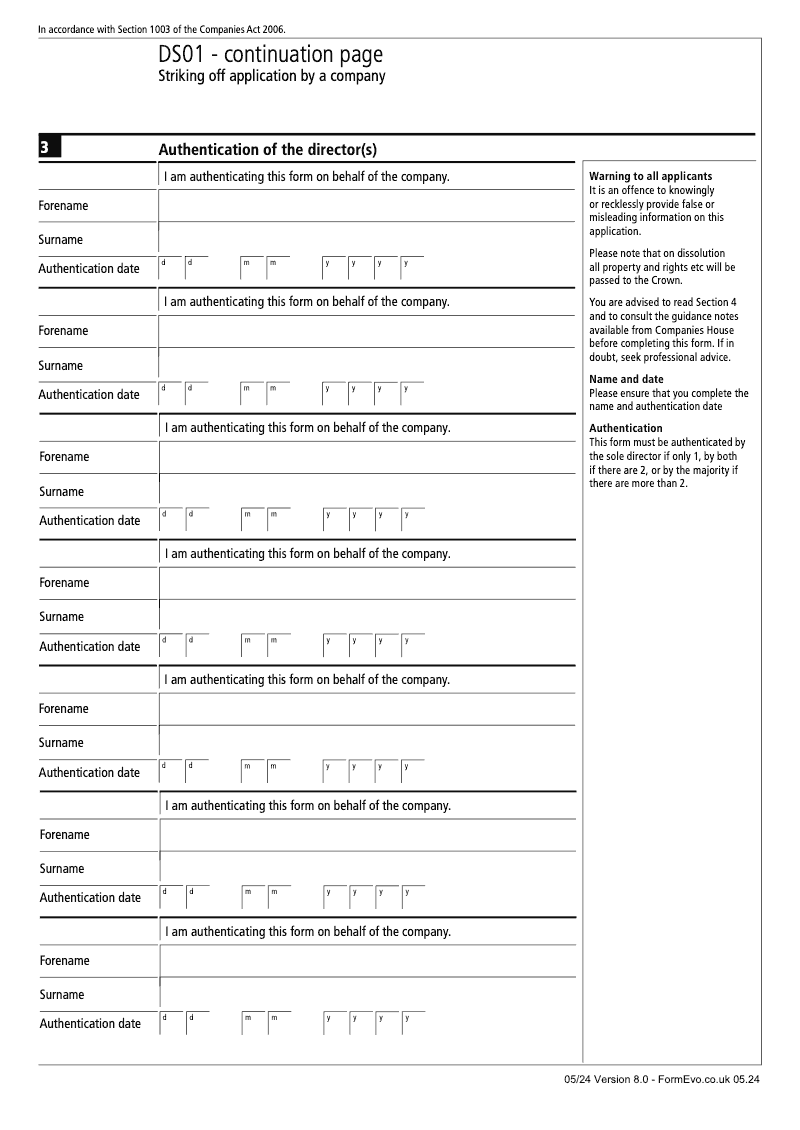 DS01 Continuation Page Name s and Signature s of the director s continuation page DS01 Striking off application by a company Section 1003 preview