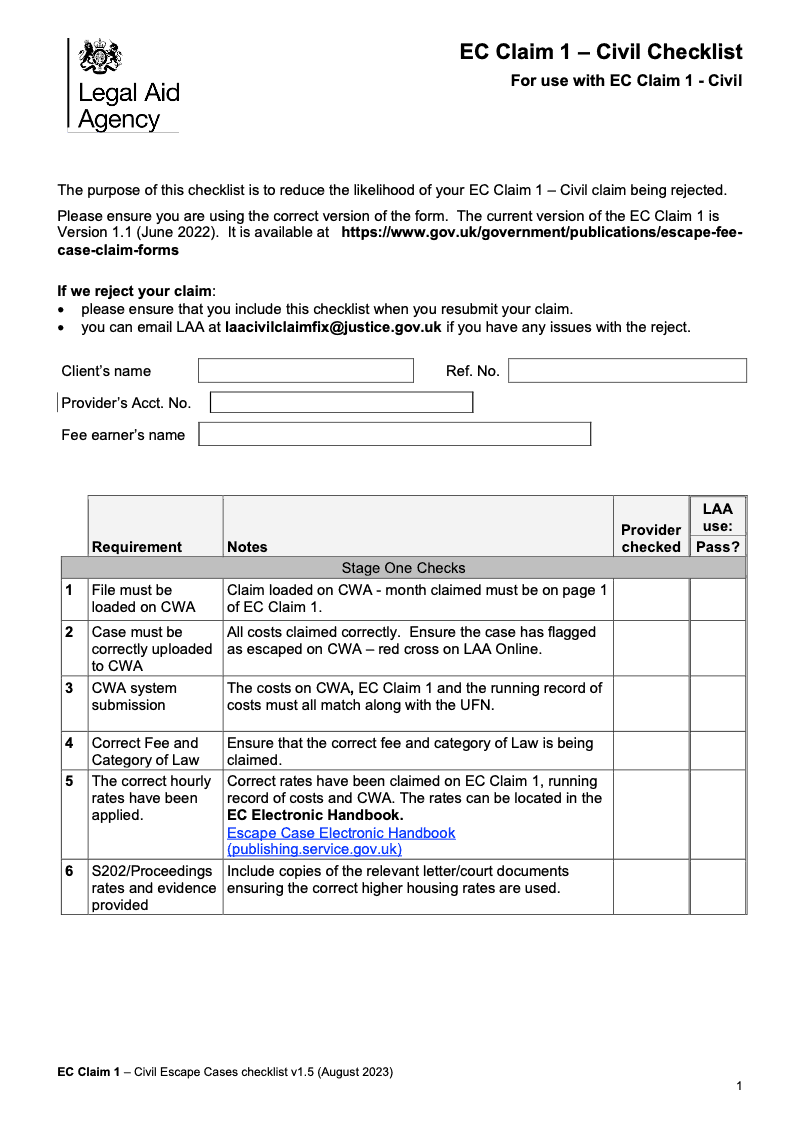 EC CLAIM1 CLA Checklist EC Claim 1 checklist For use with EC CLAIM1 Escape Fee Case Claim form CLA preview