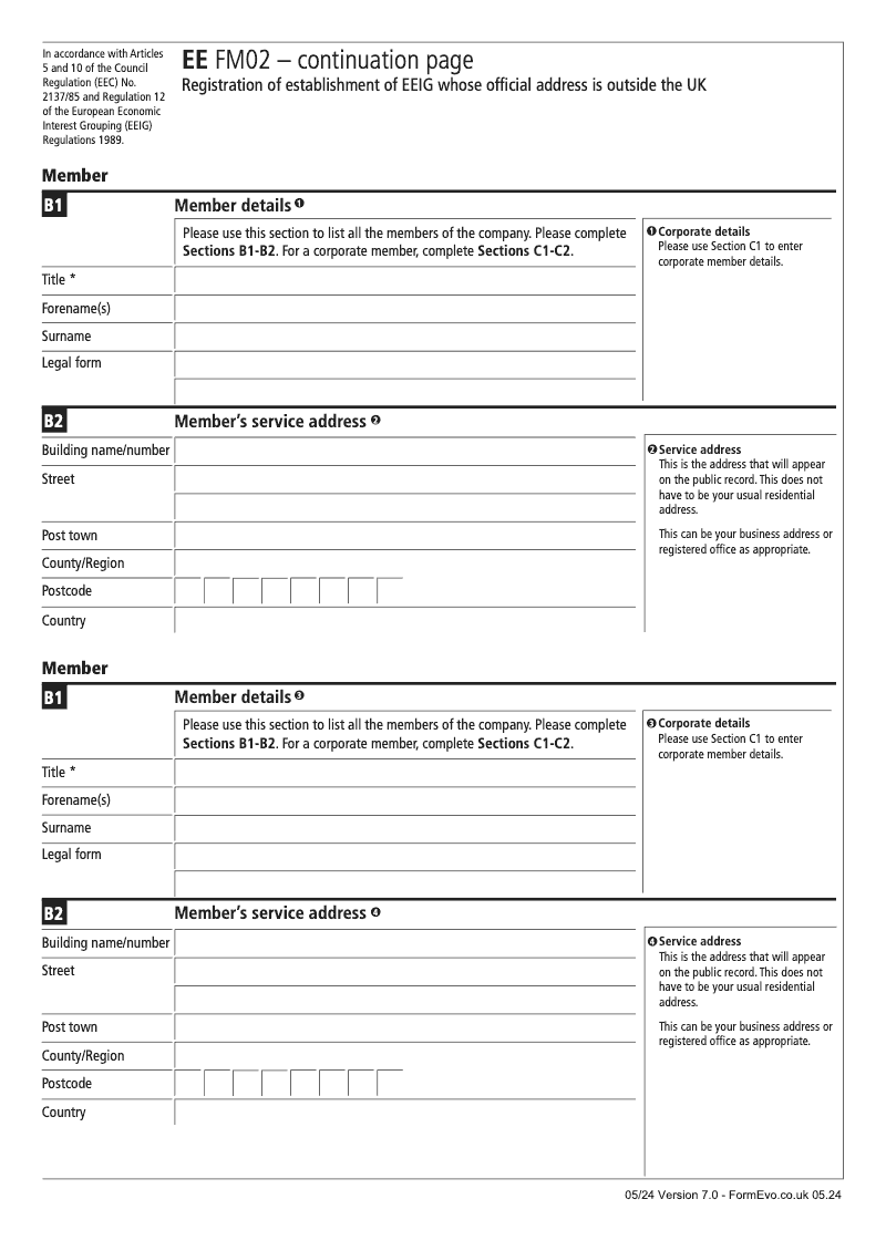 EE FM02 Continuation Page 1 Member details continuation page EE FM02 Statement of name establishment address in the UK and members of an EEIG whose official address is outside the UK preview