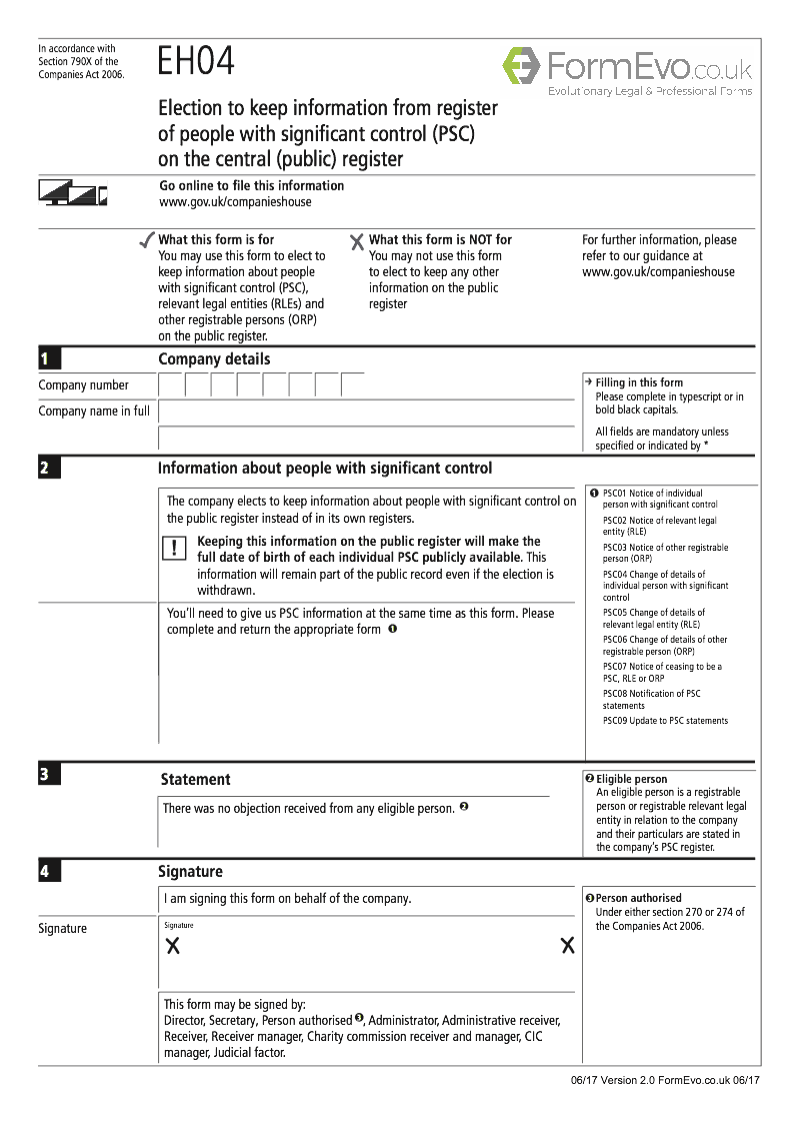 EH04 Election to keep information from register of people with significant control PSC on the central public register Section 790X of the Companies Act 2006 preview