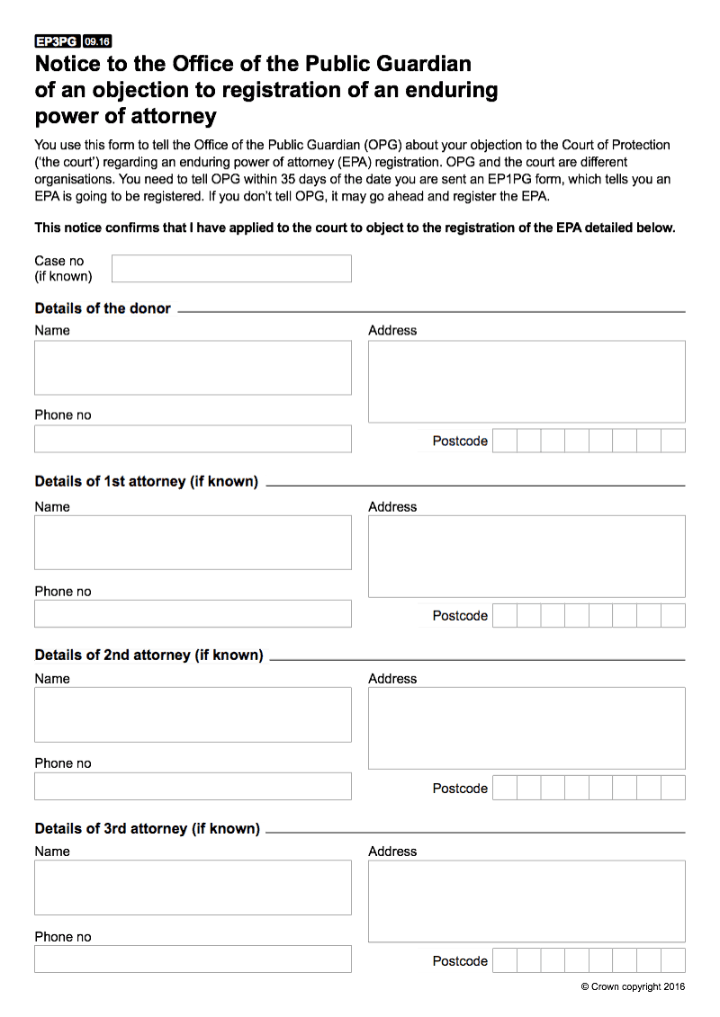 EP3PG Notice to the Office of the Public Guardian of an objection to registration of an Enduring Power of Attorney preview