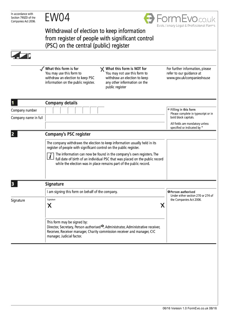 EW04 Withdrawal of election to keep information from register of people with significant control PSC on the central public register Section 790ZD of the Companies Act 2006 preview