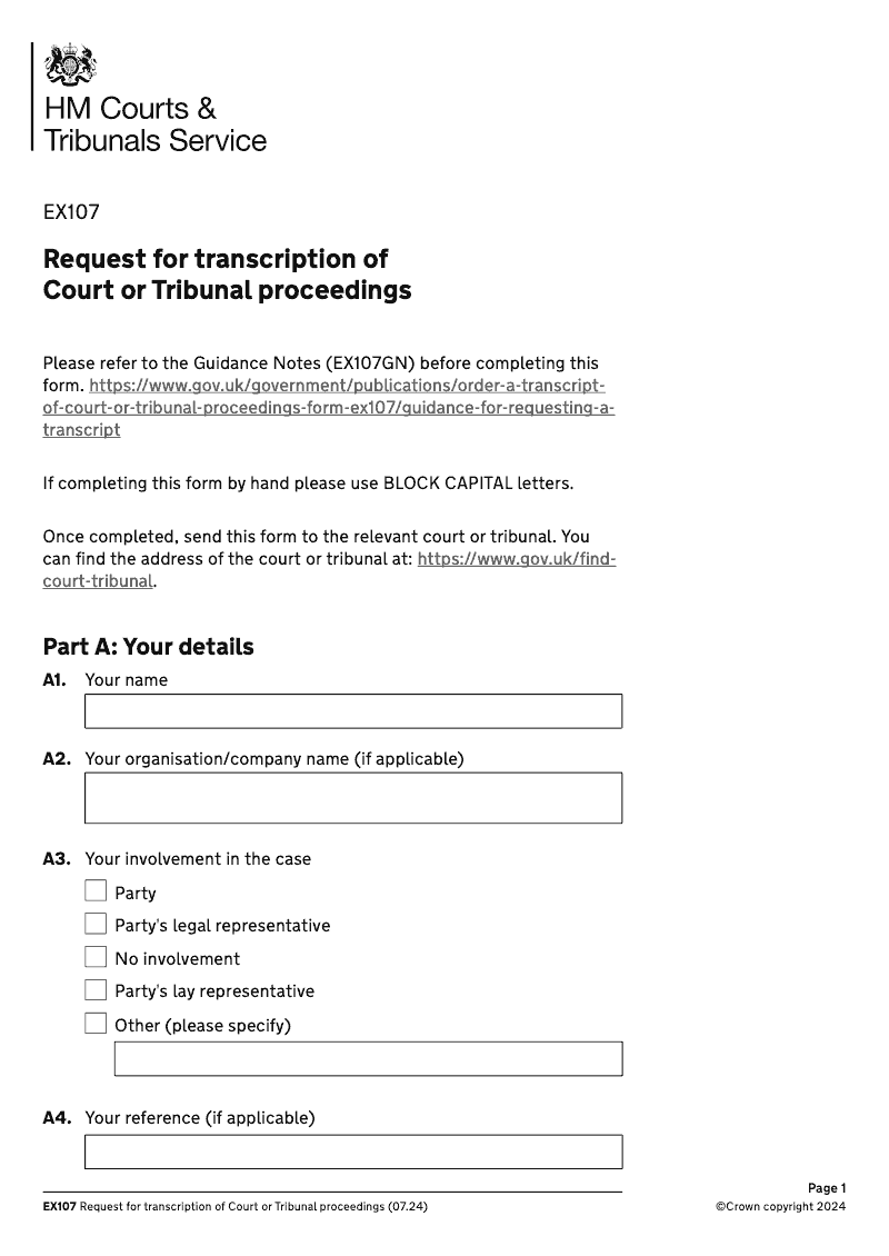 EX107 Request for transcription of Court or Tribunal proceedings preview