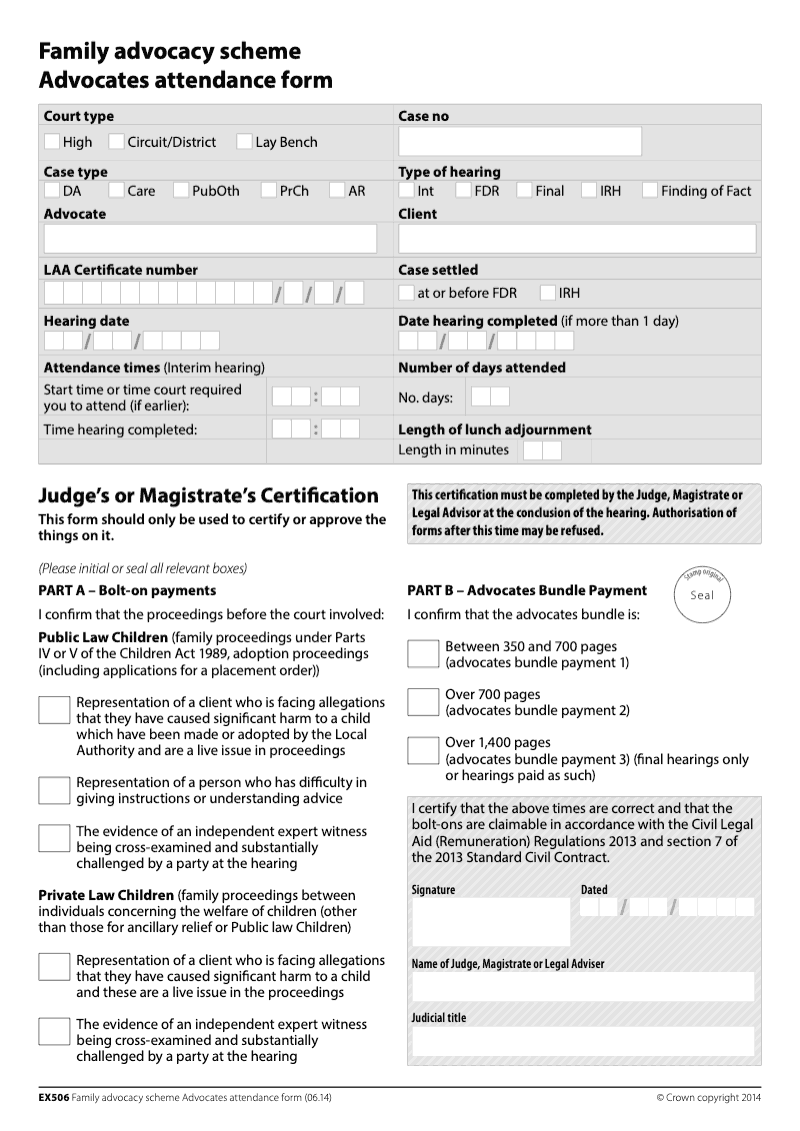 EX506 Family Advocacy Scheme Advocates Attendance Form preview