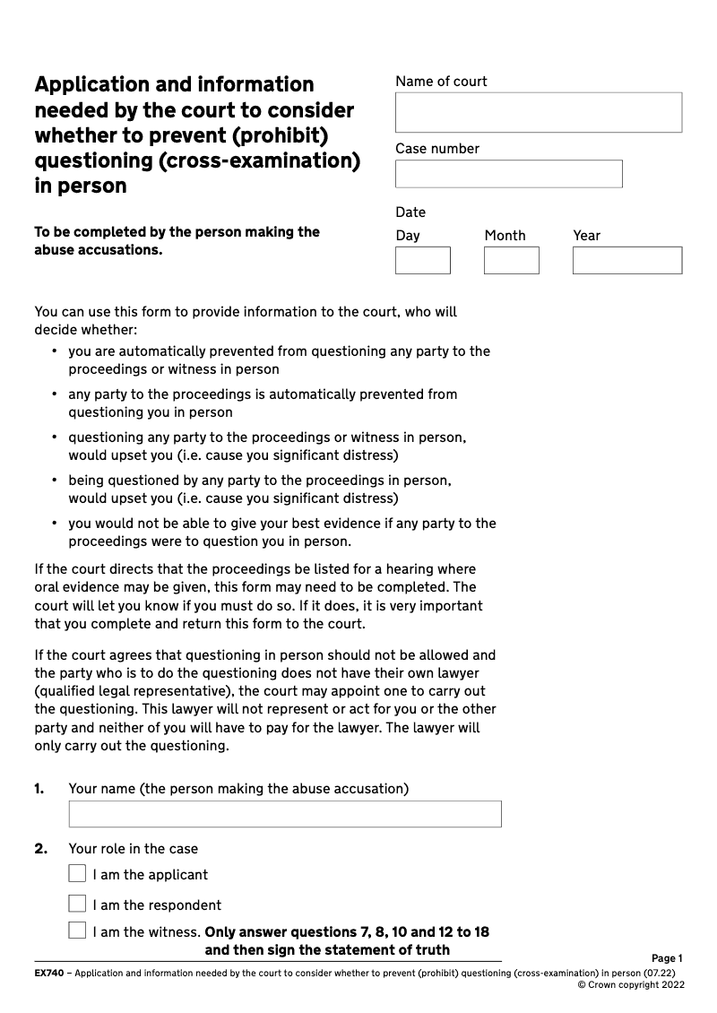 EX740 Application and information needed by the court to consider whether to prevent prohibit questioning cross examination in person electronic signature available preview