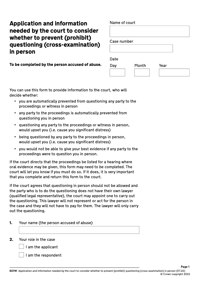 EX741 Application and information needed by the court to consider whether to prevent prohibit questioning cross examination in person electronic signature available preview