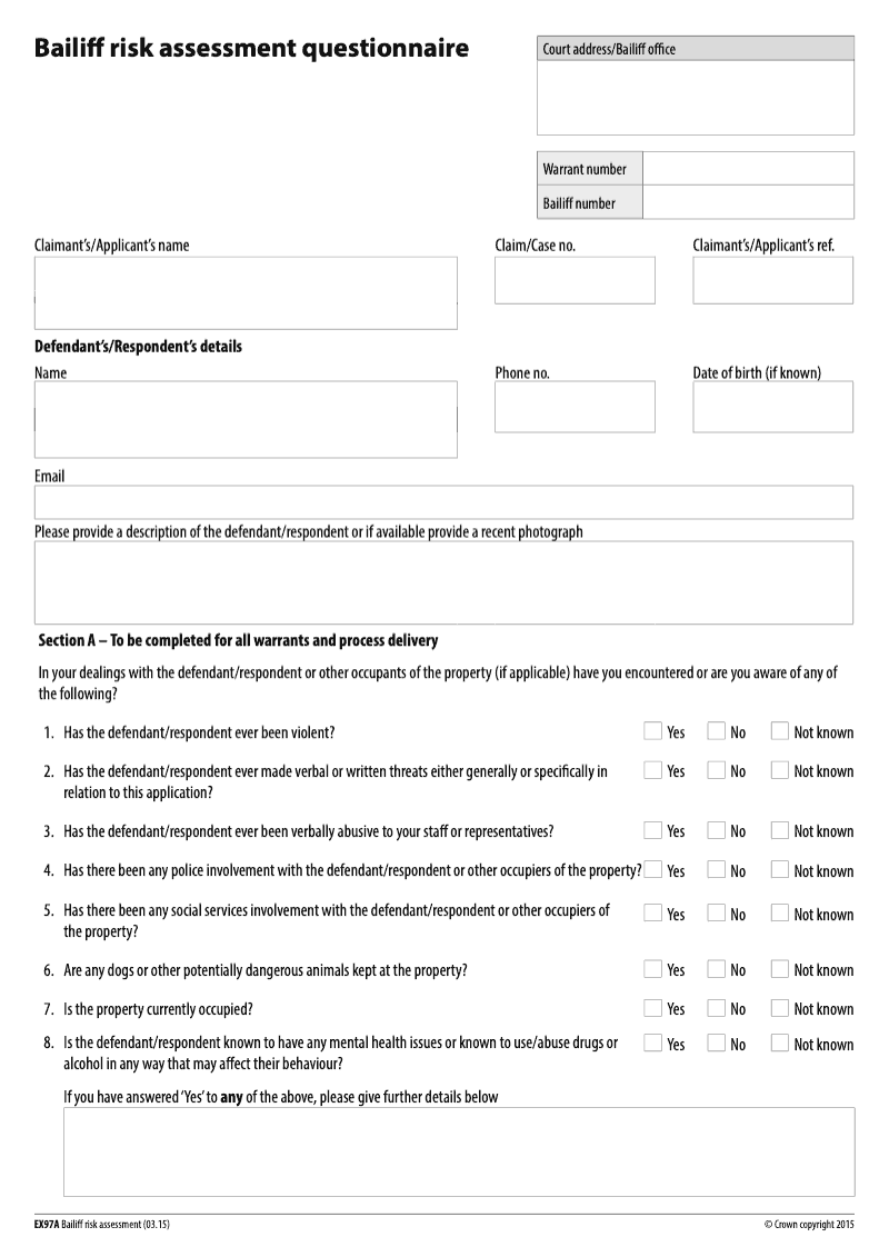 EX97A Bailiff risk assessment questionnaire preview