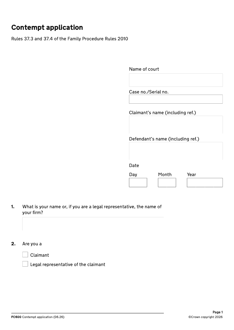 FC600 Contempt application Rules 37 3 and 37 4 of the Family Procedure Rules 2010 preview