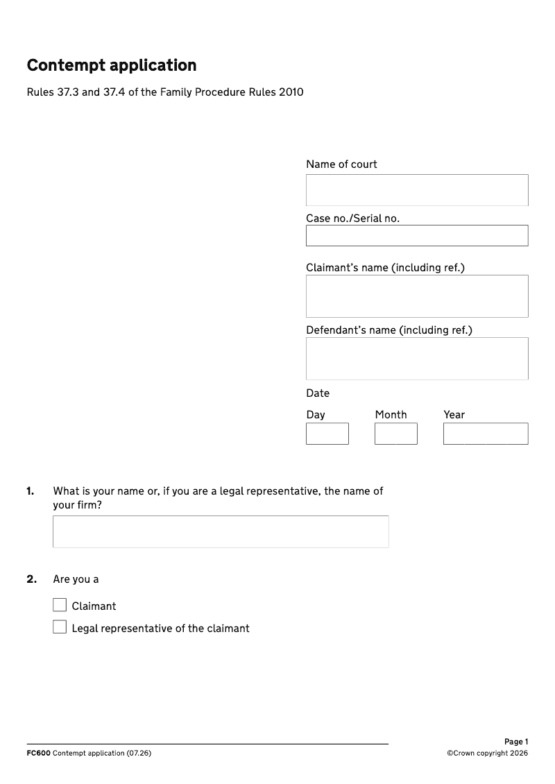 FC600 Contempt application Rules 37 3 and 37 4 of the Family Procedure Rules 2010 preview