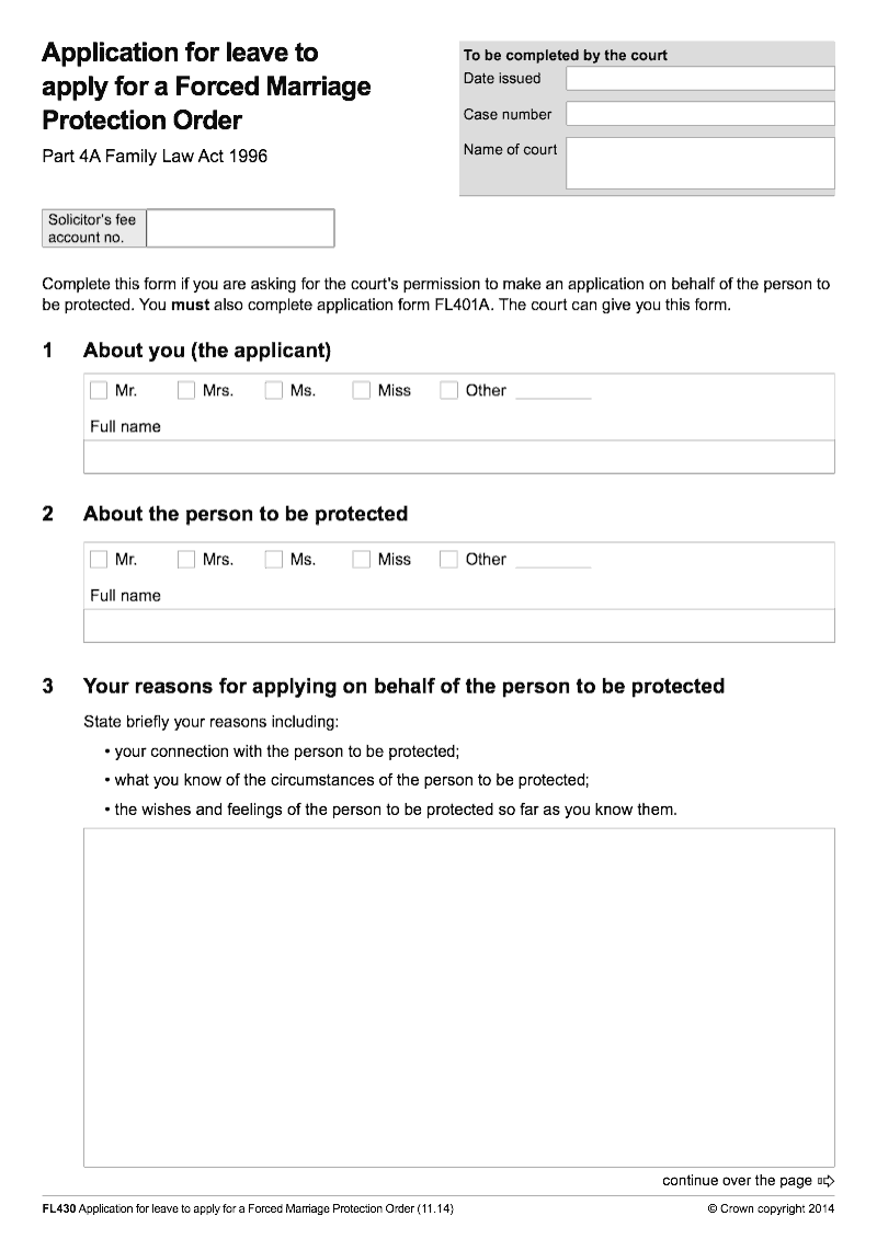 FL430 Application for leave to apply for a forced marriage protection order Family Law Act 1996 Part 4A preview