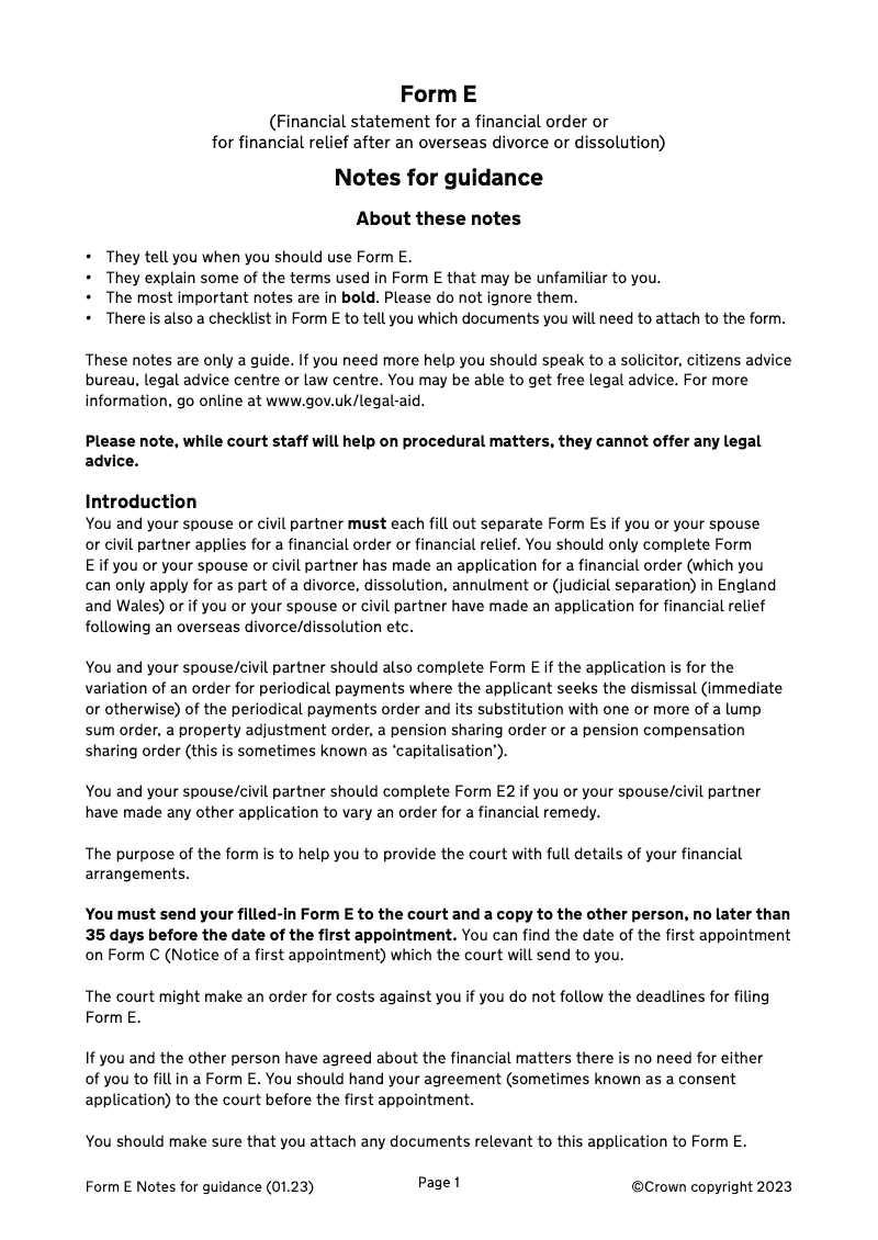 Form E Notes Notes for guidance Financial statement for a financial order or for financial relief after an overseas divorce or dissolution preview