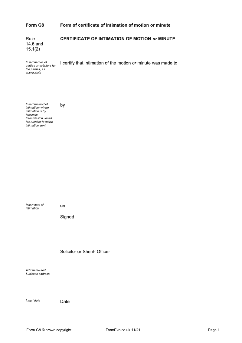 FORM G8 Form of certificate of intimation of motion or minute preview