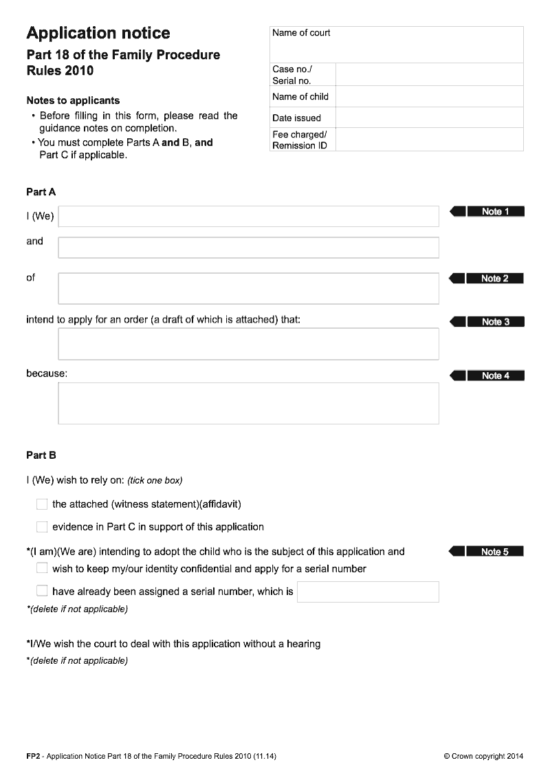 FP2 Application notice Part 18 of the Family Procedure Rules 2010 preview