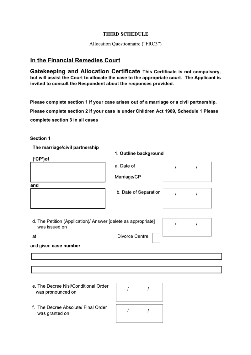 FRC3 Allocation Questionnaire Third Schedule preview