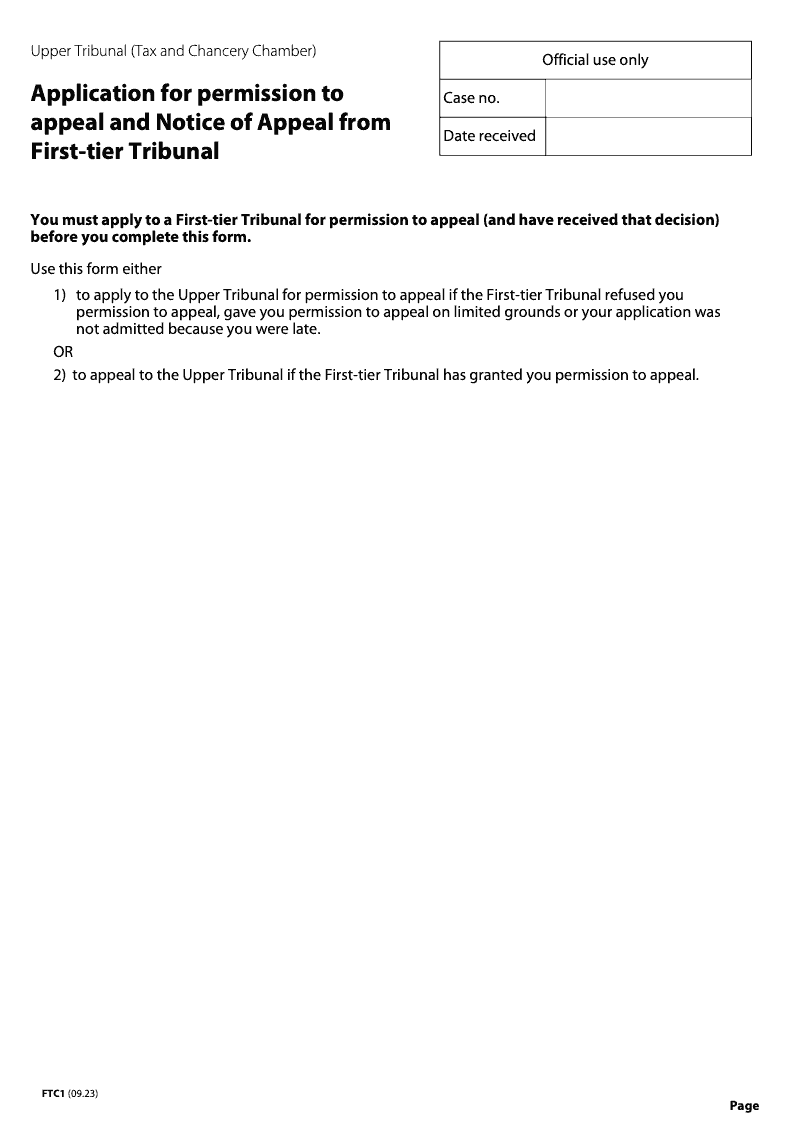 FTC1 Application for permission to appeal and Notice of Appeal from First tier Tribunal Tax and Chancery Chamber preview