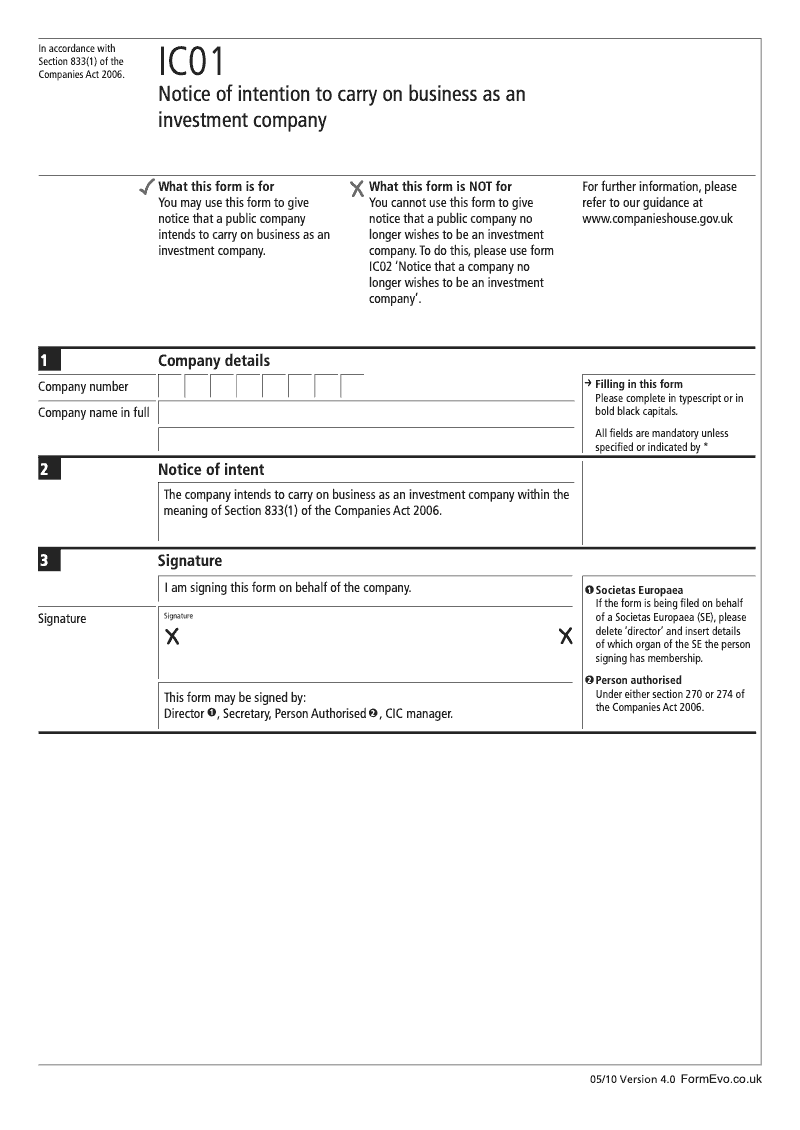 IC01 Notice of intention to carry on business as an investment company Section 833 1 preview