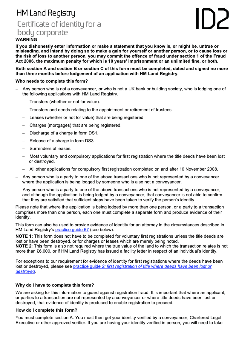 ID2 Certificate of identity for a body corporate preview