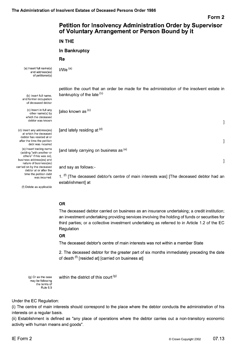 IE Form 2 Petition for Insolvency Administration Order by supervisor of Voluntary Arrangement of person bound by it The Administration of Insolvent Estates of Deceased Persons Order 1986 Form 2 preview