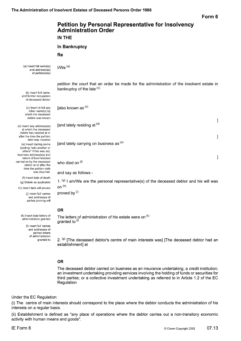 IE Form 6 Petition by Personal Representative for Insolvency Administration Order The Administration of Insolvent Estates of Deceased Persons Order 1986 Form 6 preview