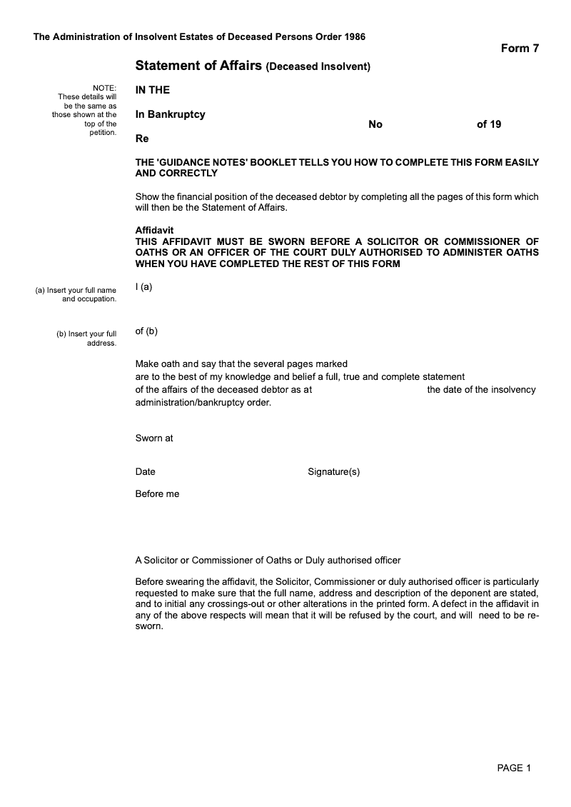 IE Form 7 Statement of Affairs Deceased Insolvent The Administration of Insolvent Estates of Deceased Persons Order 1986 Form 7 preview