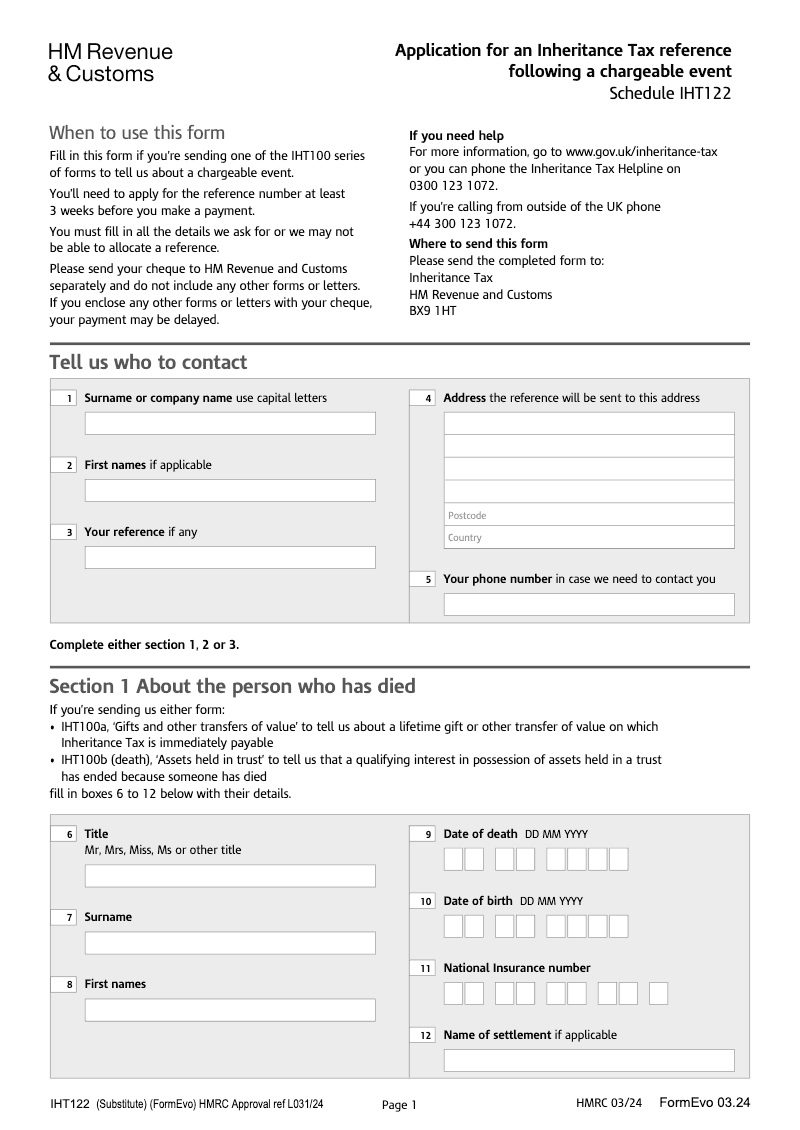 IHT122 Application for an Inheritance Tax reference following a chargeable event Schedule IHT122 preview