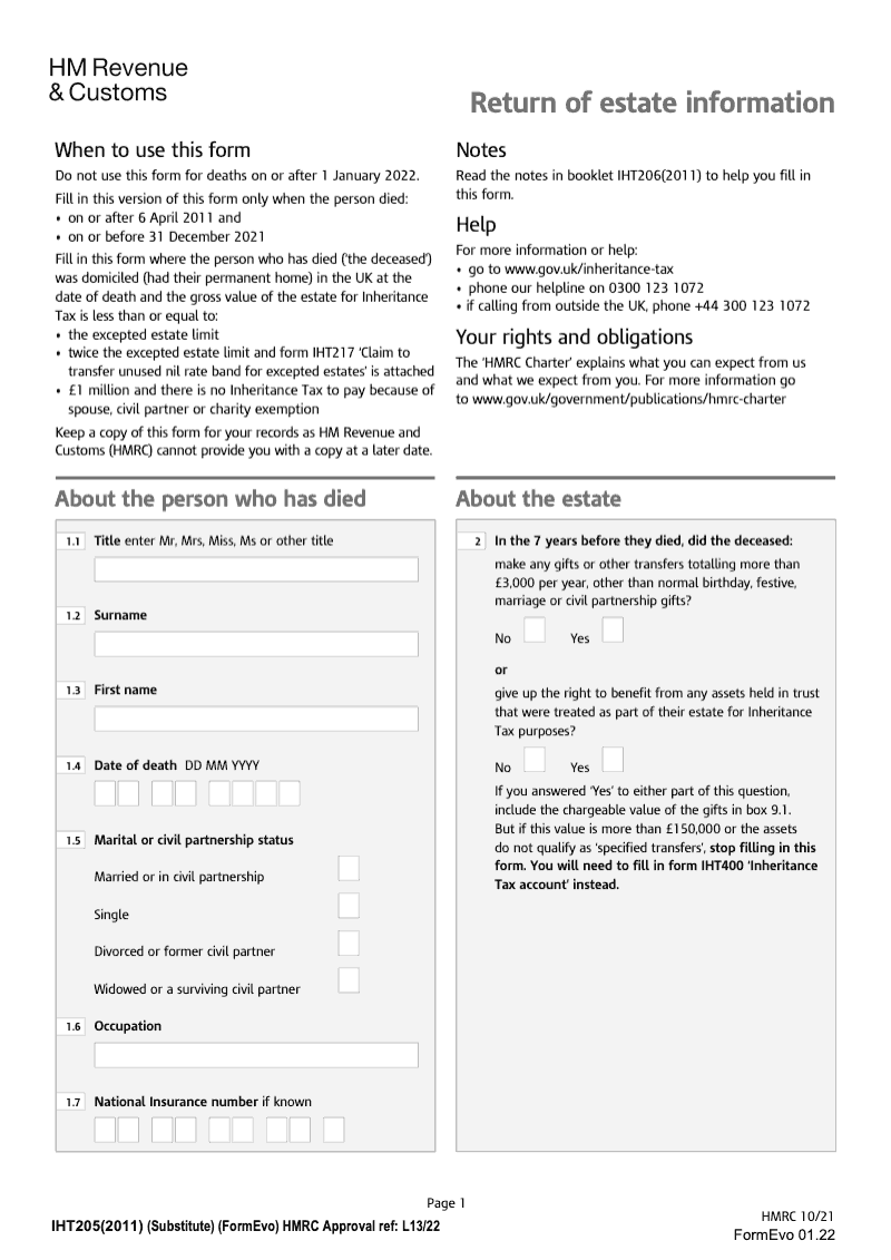 IHT205 2011 Return of estate information Person died on or after 6 April 2011 and on or before 31st December 2021 preview