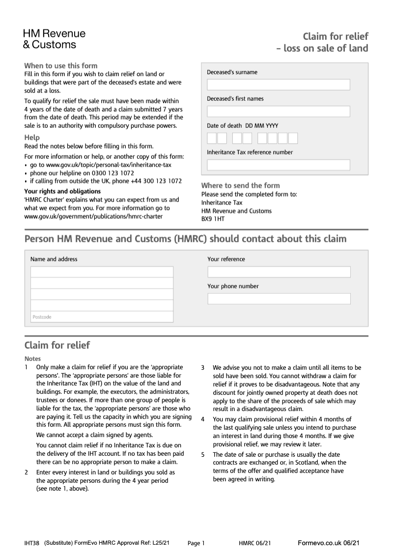 IHT38 Claim for relief loss on sale of land preview
