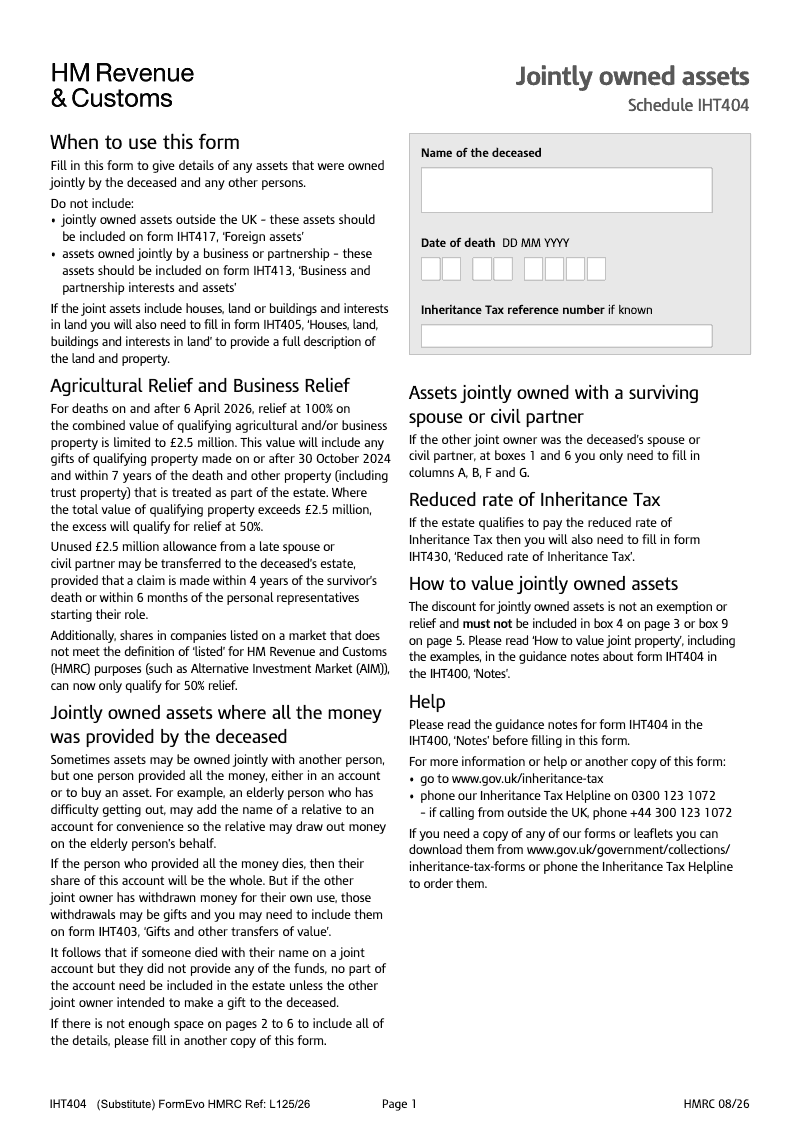 IHT404 Jointly owned assets Schedule IHT404 preview