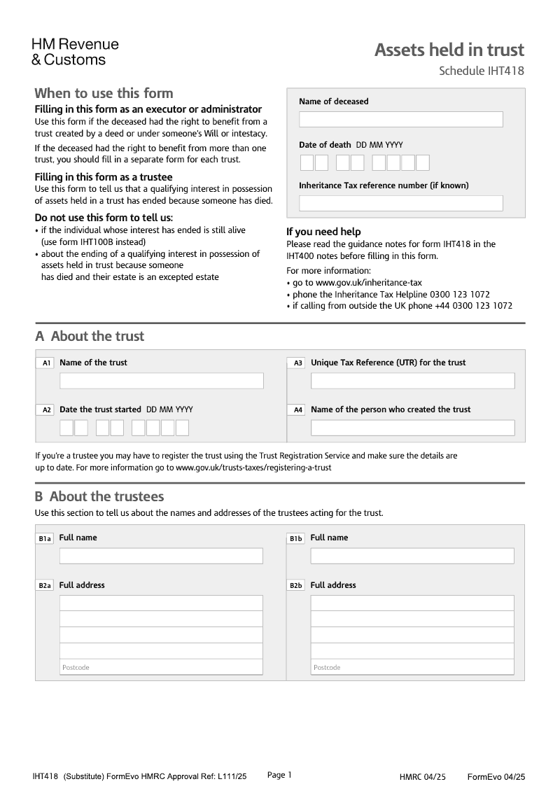 IHT418 Assets held in trust Schedule IHT418 preview