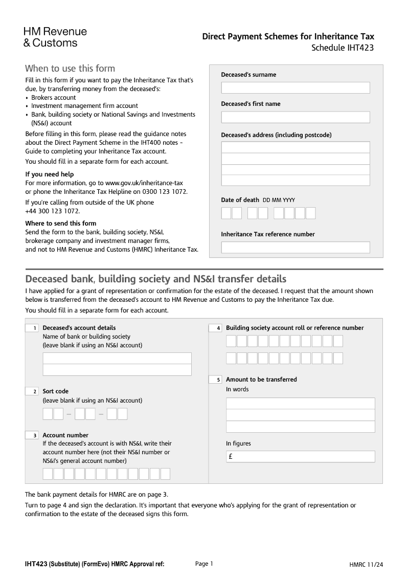 IHT423 Direct Payment Scheme Bank or building society account Schedule IHT423 preview