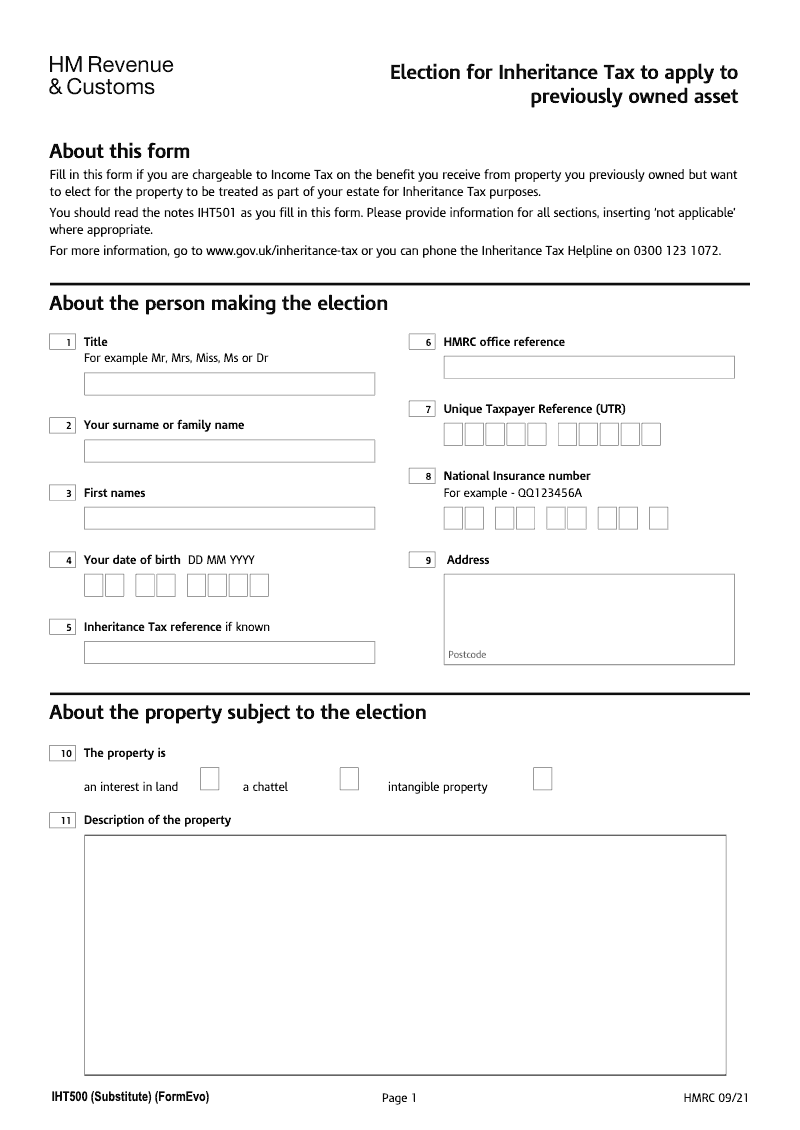 IHT500 Election for Inheritance Tax to apply to asset previously owned preview