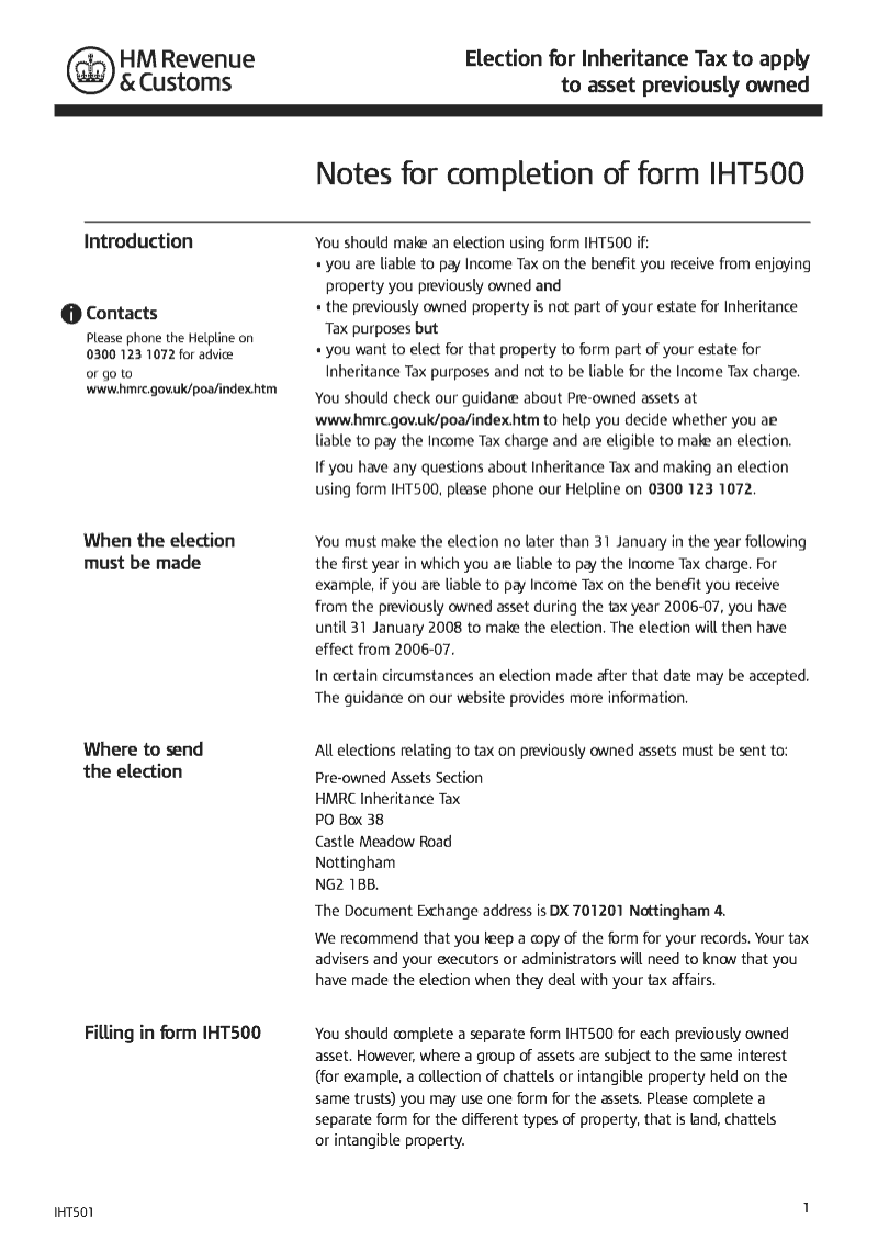 IHT501 Notes for completion of form IHT500 Election for Inheritance Tax to apply to asset previously owned preview