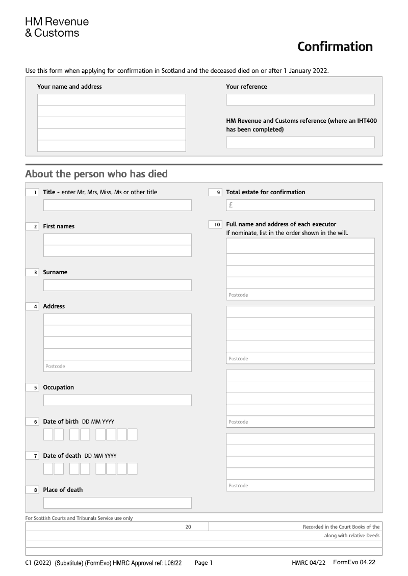 IHTC1 2022 Inventory Form Confirmation Deceased died on or after 1 January 2022 preview