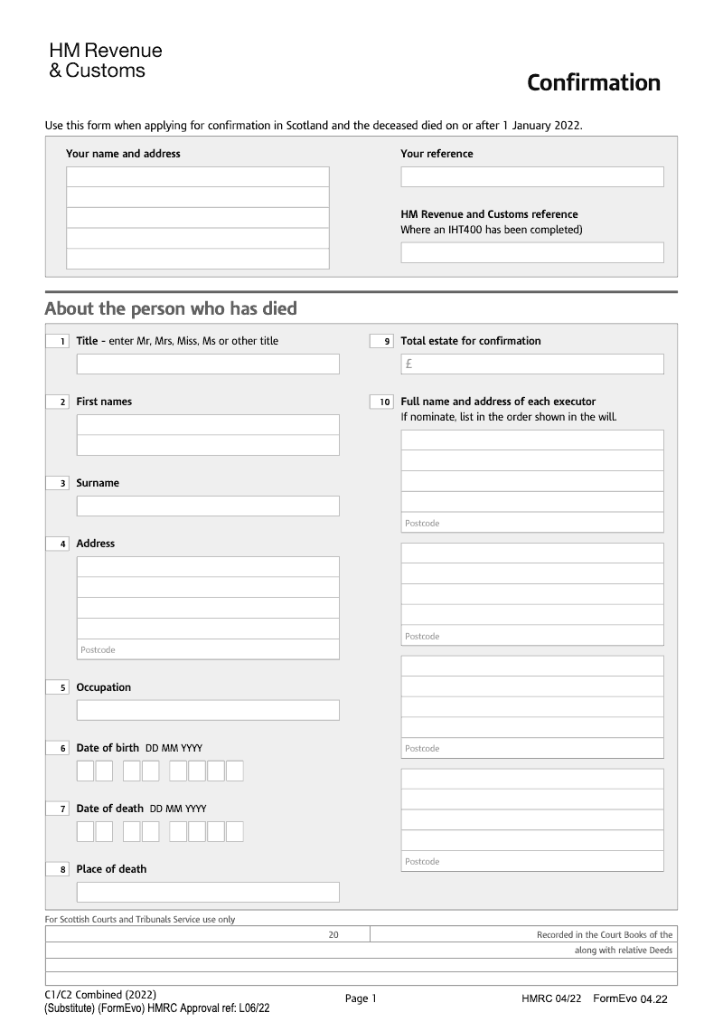 IHTC1 C2 2022 Combined Inventory Form Confirmation Deceased died on or after 1st January 2022 preview