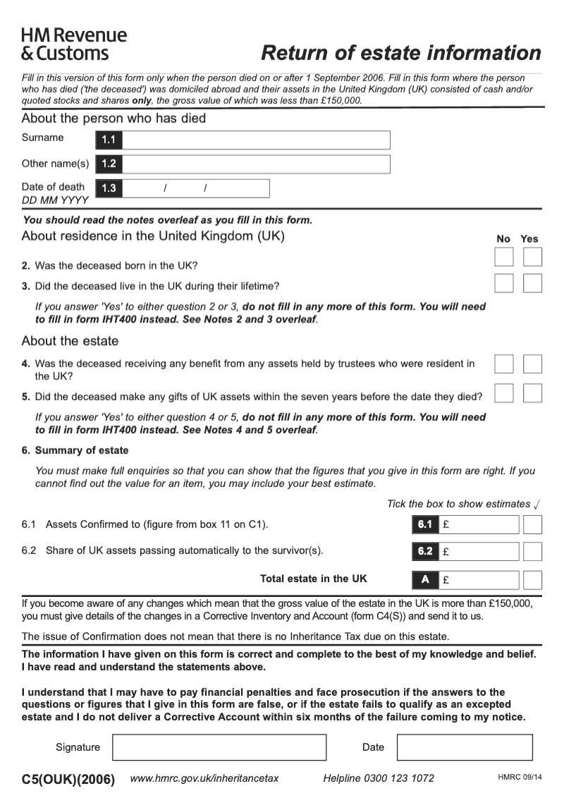 IHTC5 OUK 2006 Return of Estate Information where the deceased was domiciled abroad and the person died on or after 1st September 2006 preview