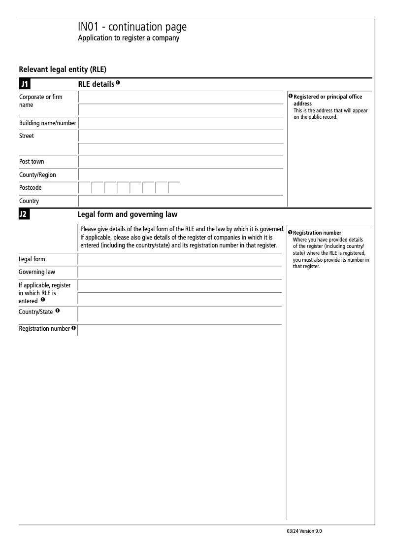 IN01 Continuation Page 10 Section I Relevant legal entity RLE details continuation page IN01 Application to register a company Section 9 preview