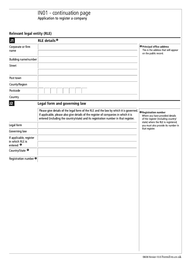 IN01 Continuation Page 10 Section I Relevant legal entity RLE details continuation page IN01 Application to register a company Section 9 preview