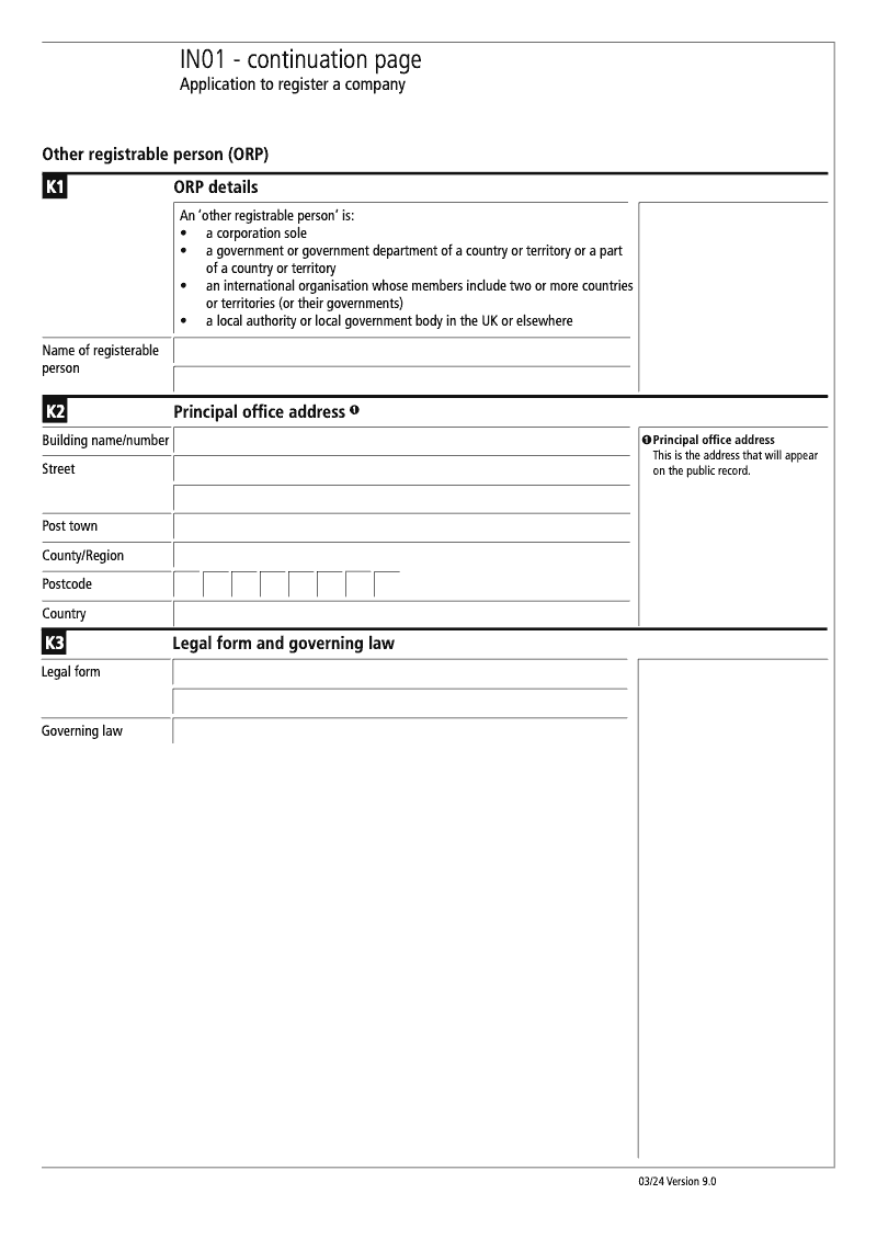 IN01 Continuation Page 11 Section J Other registrable person ORP details continuation page IN01 Application to register a company Section 9 preview