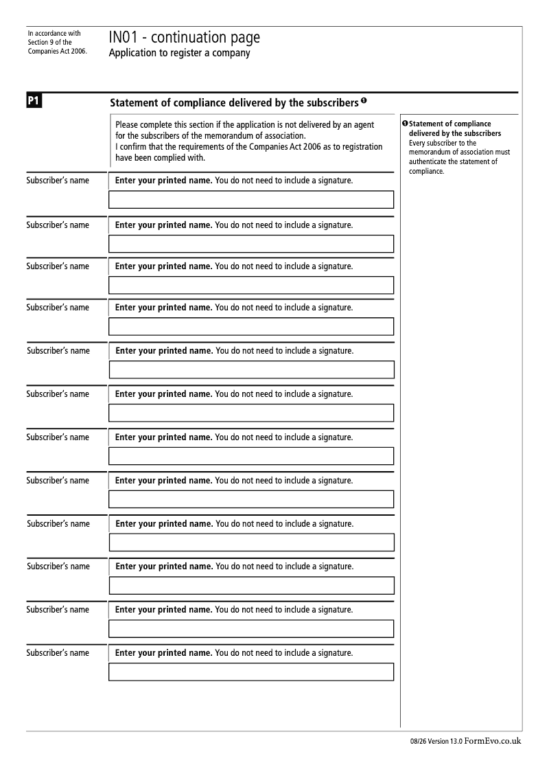 IN01 Continuation Page 12 Section N1 Statement of compliance delivered by subscribers continuation page IN01 Application to register a company Section 9 preview