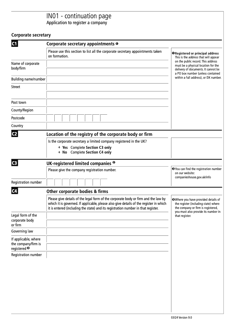 IN01 Continuation Page 2 Section C Corporate secretary appointments continuation page IN01 Application to register a company Section 9 preview