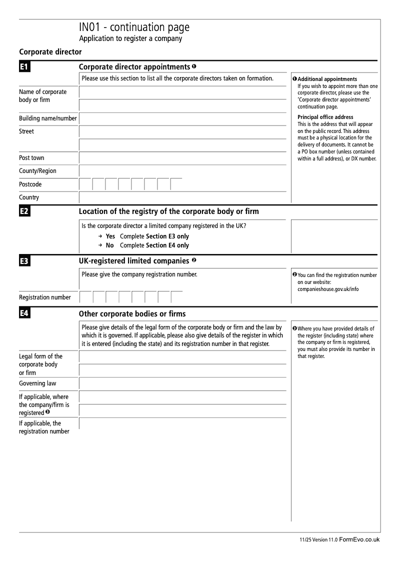 IN01 Continuation Page 4 Section E Corporate director appointments continuation page IN01 Application to register a company Section 9 preview