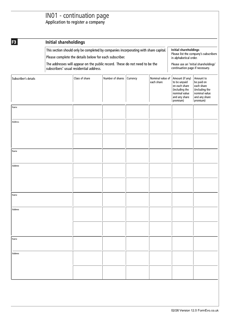 IN01 Continuation Page 7 Section F3 Initial shareholdings continuation page IN01 Application to register a company Section 9 preview