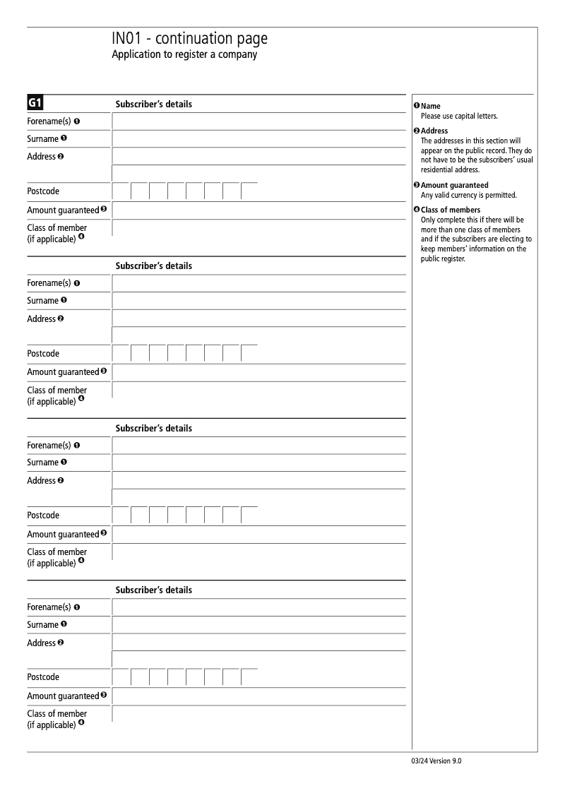 IN01 Continuation Page 8 Section G1 Subscribers continuation page IN01 Application to register a company Section 9 preview