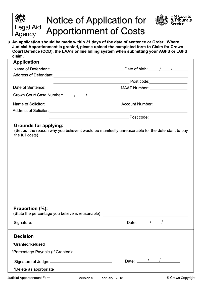 JA Form Notice of application for apportionment of costs Judicial apportionment form preview