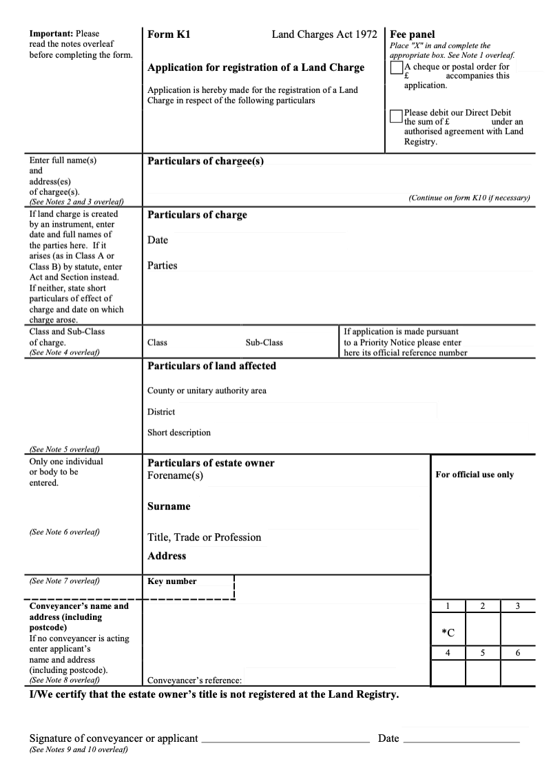 K1 Application for registration of a Land Charge Land Charges Act 1972 preview