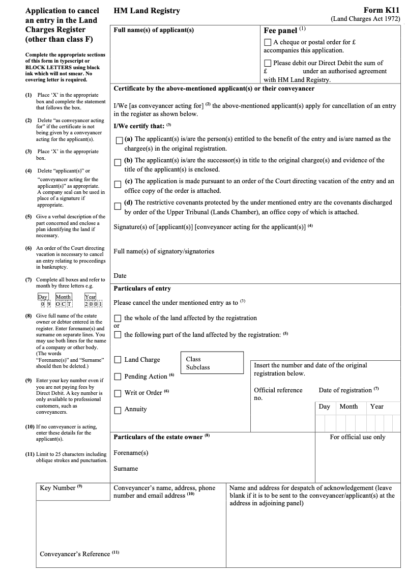 K11 Application to cancel an entry in the Land Charges Register other than class F Land Charges Act 1972 preview