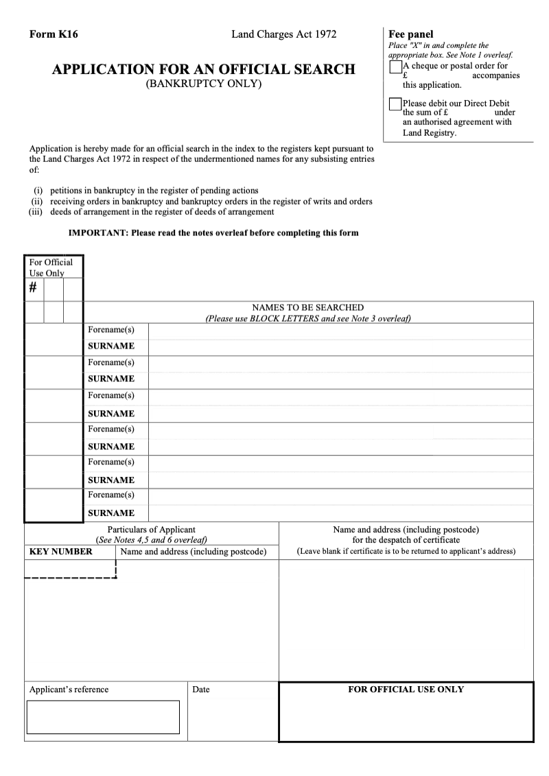 K16 Application for an Official Search Bankruptcy only Land Charges Act 1972 preview